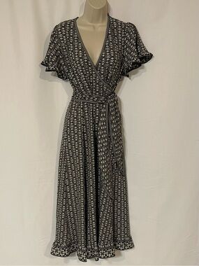 Max Studio Black and Cream Geometric Wrap Midi Dress